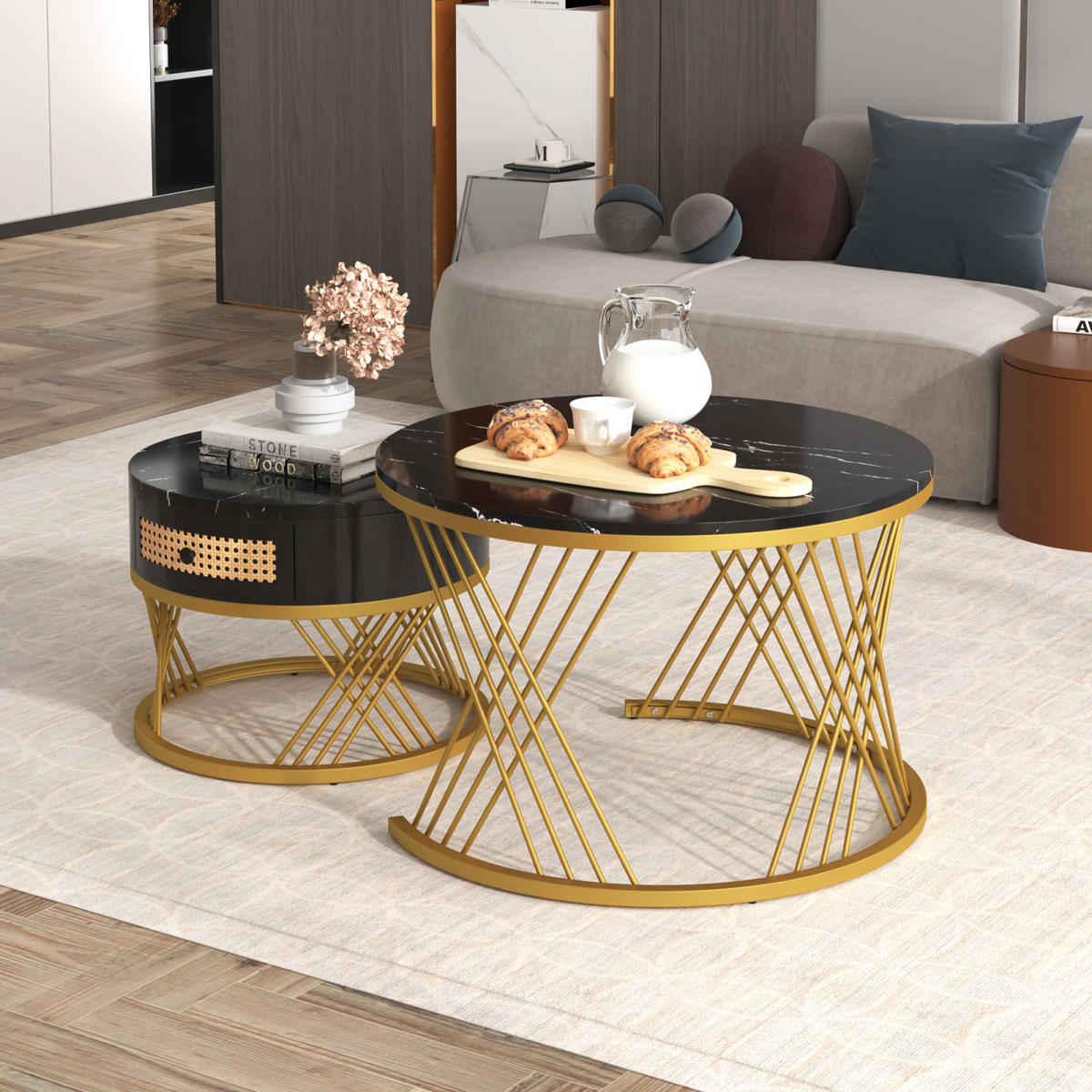 COUCHTISCH-SET Schwarz Gold mit Rattan-Schublade - Schwarz, Metall (70/70/45cm)