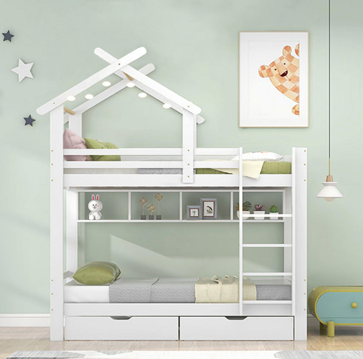 ETAGENBETT aus Kiefernholz und MDF 90x200 cm Weiß mit Schubladen, Regalen und Leiter - Weiß, Holzwerkstoff (90/200cm) - IVMEU