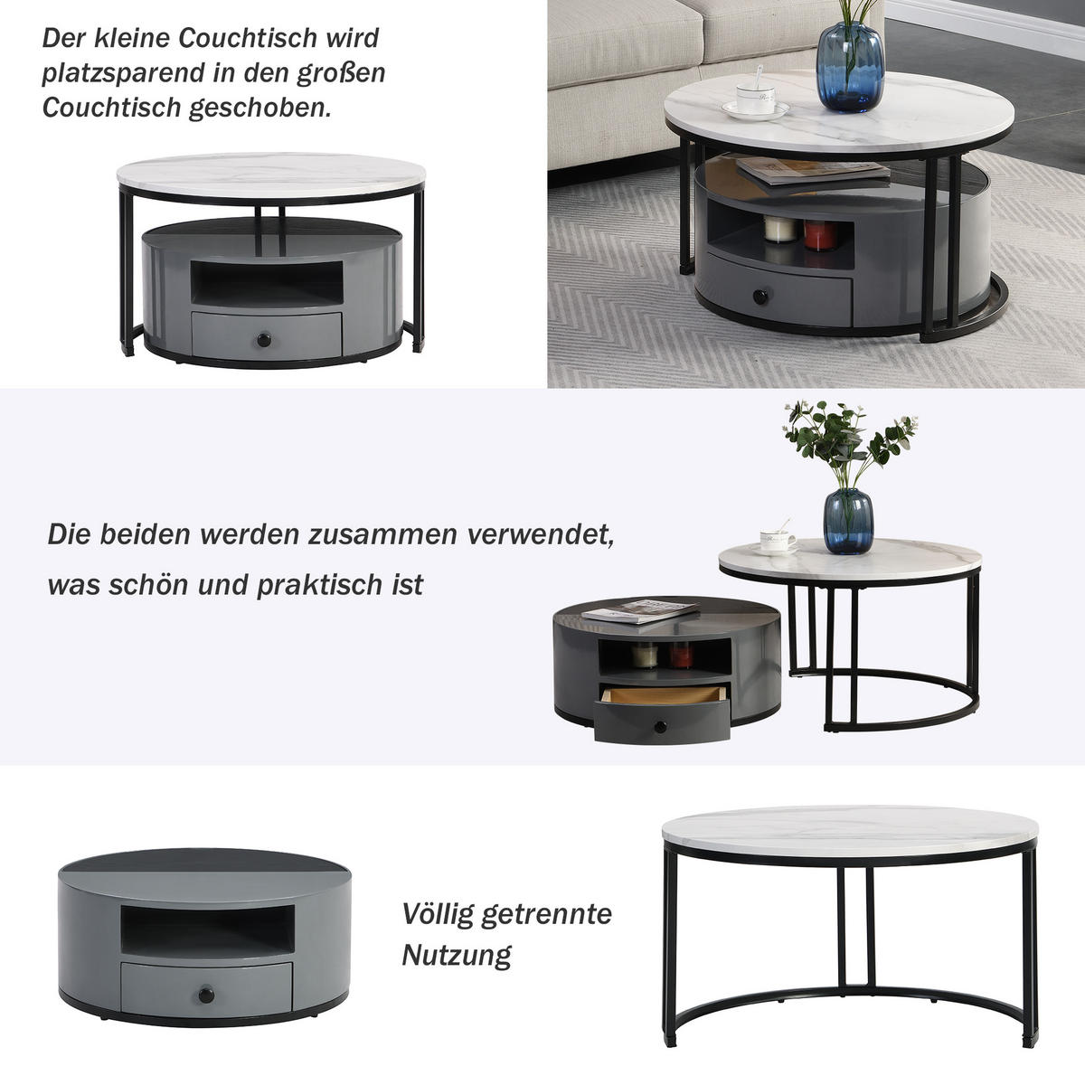 COUCHTISCH grau und weiß - Schwarz/Weiß, Holzwerkstoff/Metall (70/70/40cm) - Urban Meuble