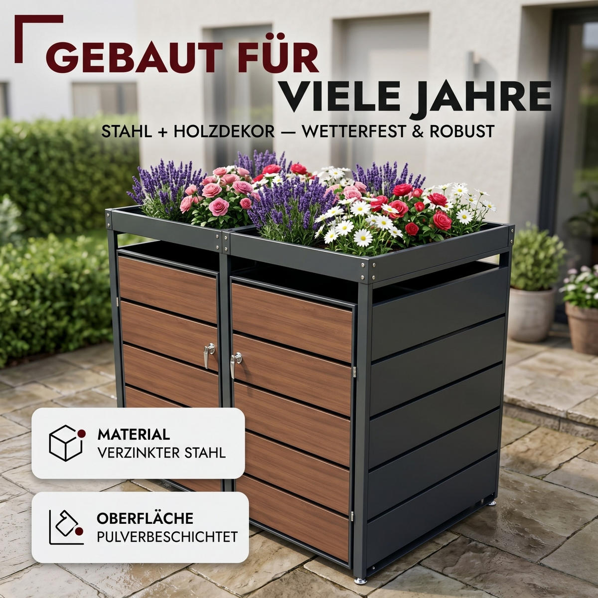 MÜLLTONNENBOX mit Pflanzkasten 2er, MTP2 - Anthrazit, Metall (132/116/80cm) - Albatros