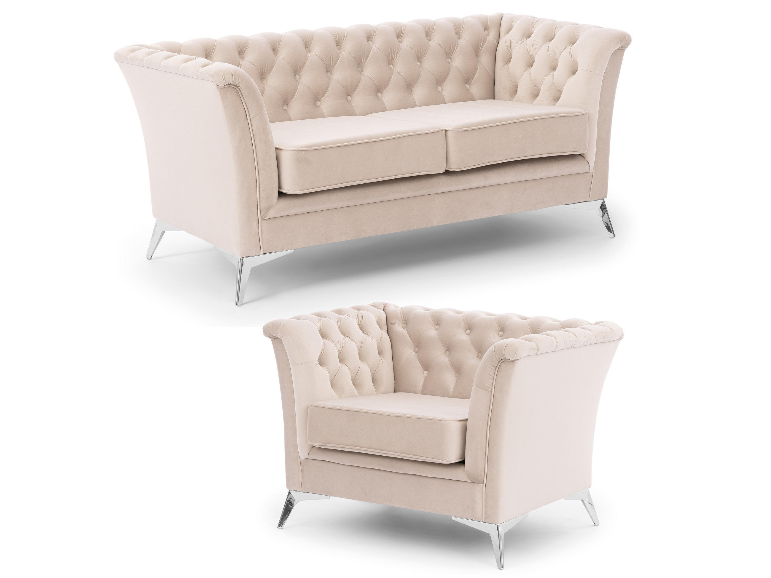 SITZGARNITUR 2+1 Chesterfield Whitby Beige Samt mit silbernen Füßen - Beige/Silberfarben, Holz/Textil (175/78/82cm) - S-Style Möbel