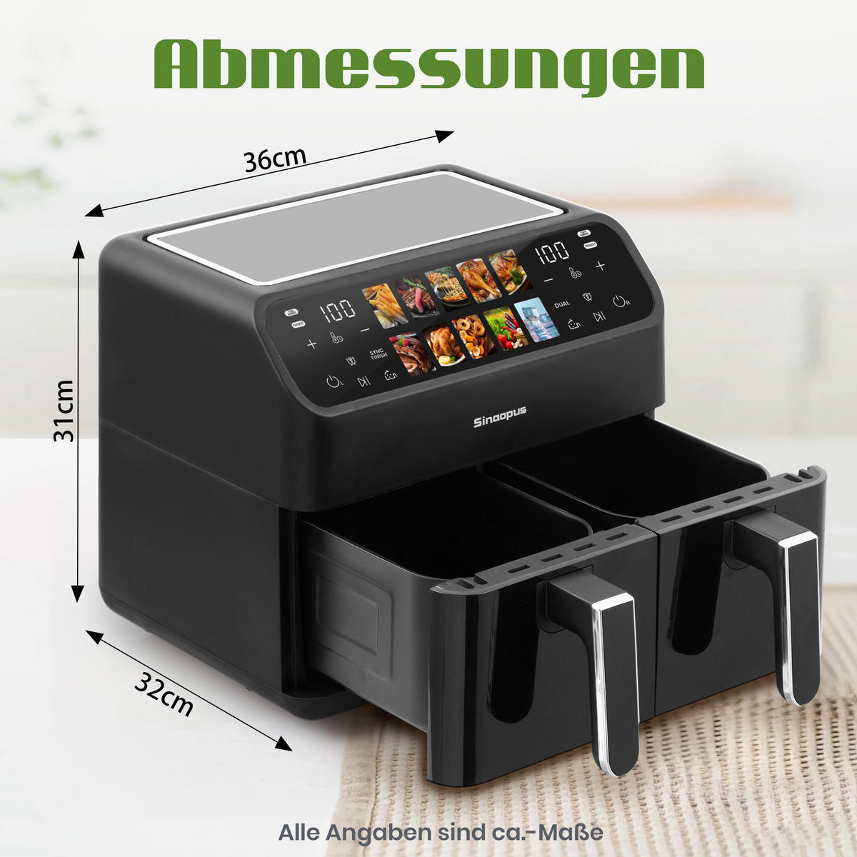 HEISSLUFTFRITTEUSE 9L 10-in-1 & Dual-Kammer, LED-Display - Schwarz, Metall (36/31/32cm)