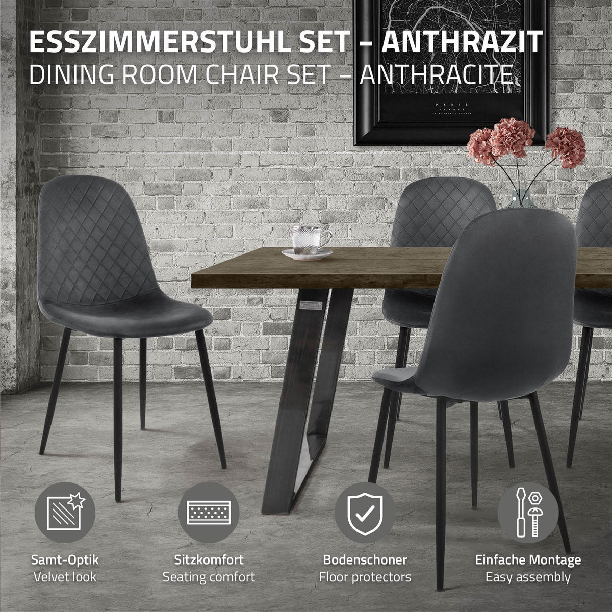 JÍDELNÍ ŽIDLE, sada 4 ks, antracitový samet - černá/antracitová, kov/textil (51/89/44cm) - ML-DESIGN