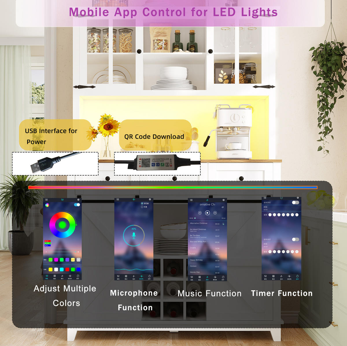 BUFFET 105/180/38,4 cm Weiß aus MDF mit LED-Beleuchtung - Weiß, Holzwerkstoff (38.4/180/105cm) - OKMYHOME