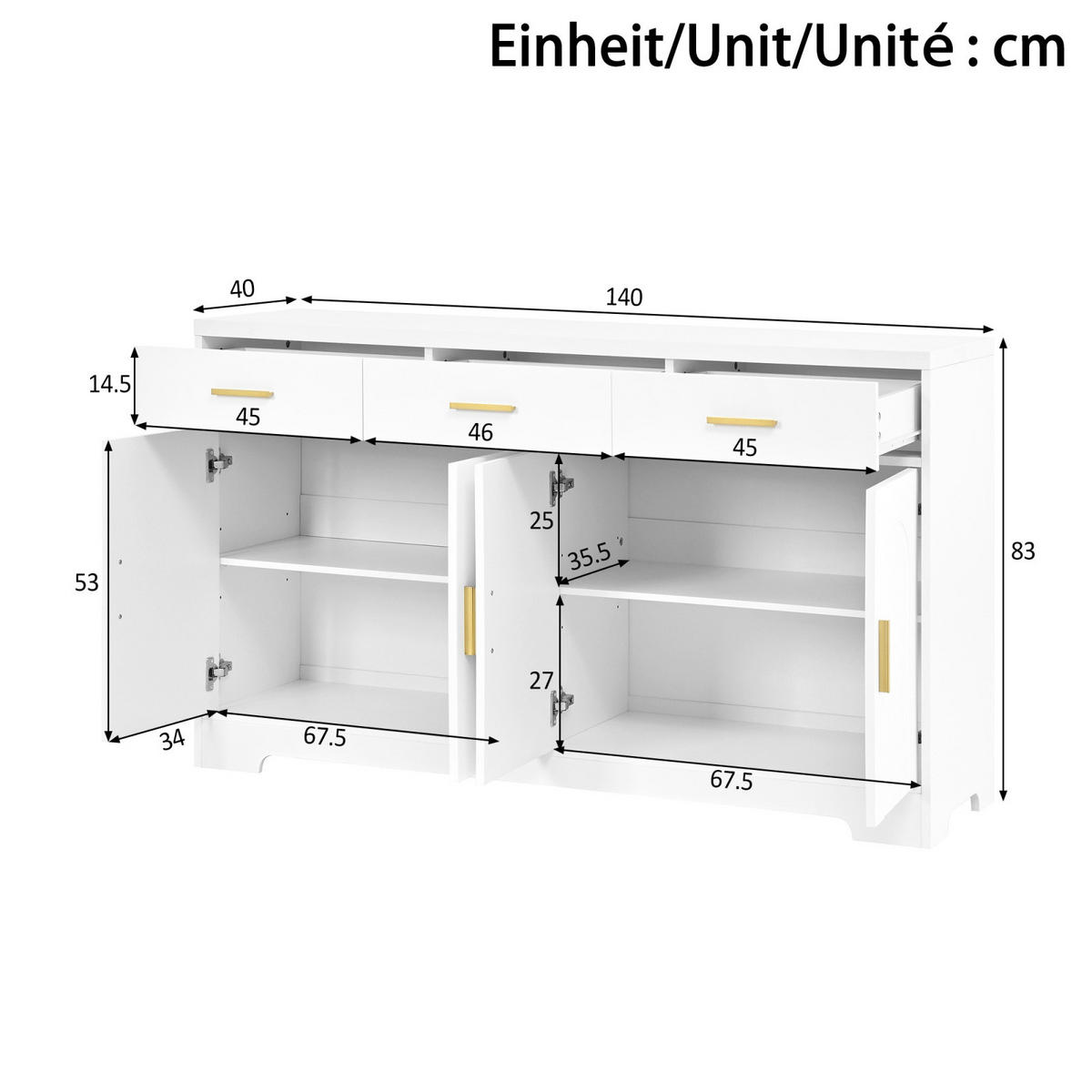 SIDEBOARD 140 x 40 x 83 cm, 4 Bogentüren, 3 Schubladen, verstellbare Böden, Goldgriffe, Weiß - Weiß, Holzwerkstoff (140/83/40cm)