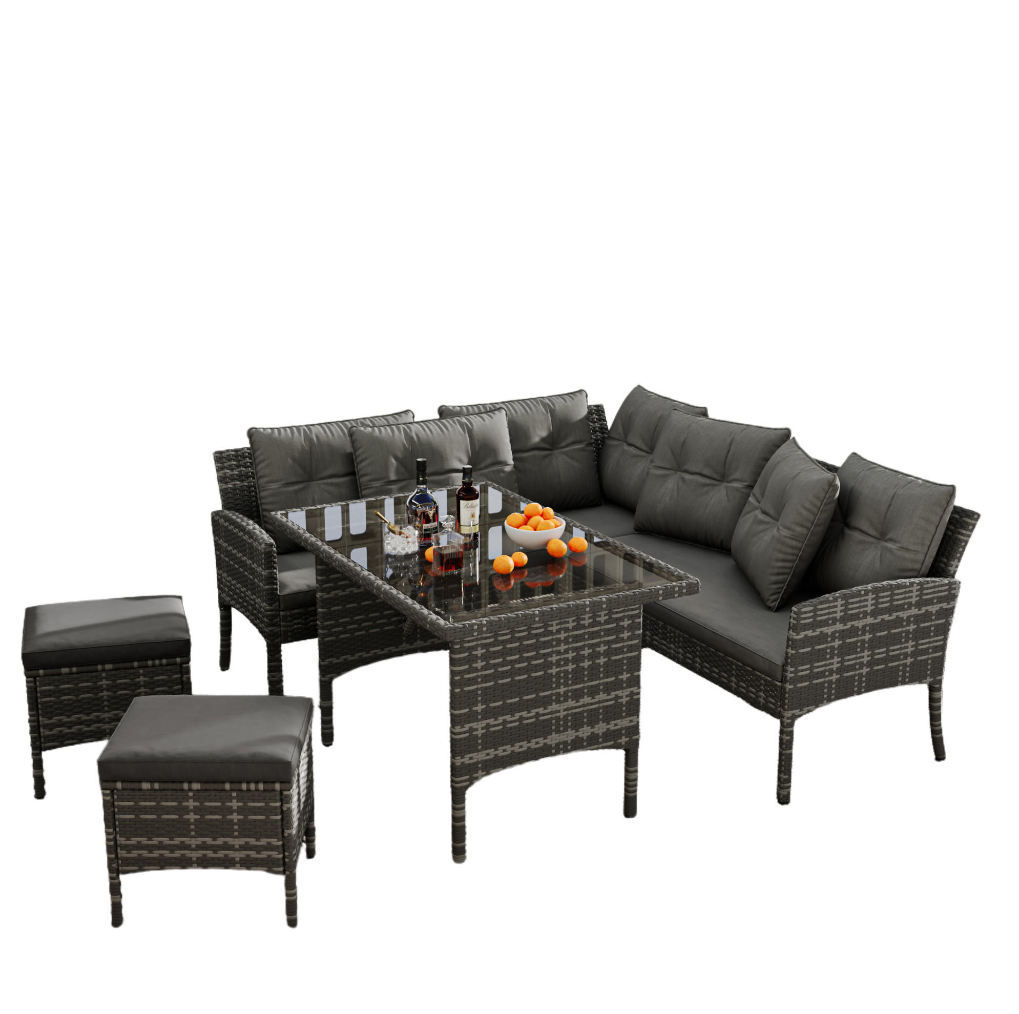 GARTENLOUNGE 195/51/78 cm grau aus PE-Rattan mit Tisch, Hockern und waschbaren Kissen - Grau, Metall - OKWISH