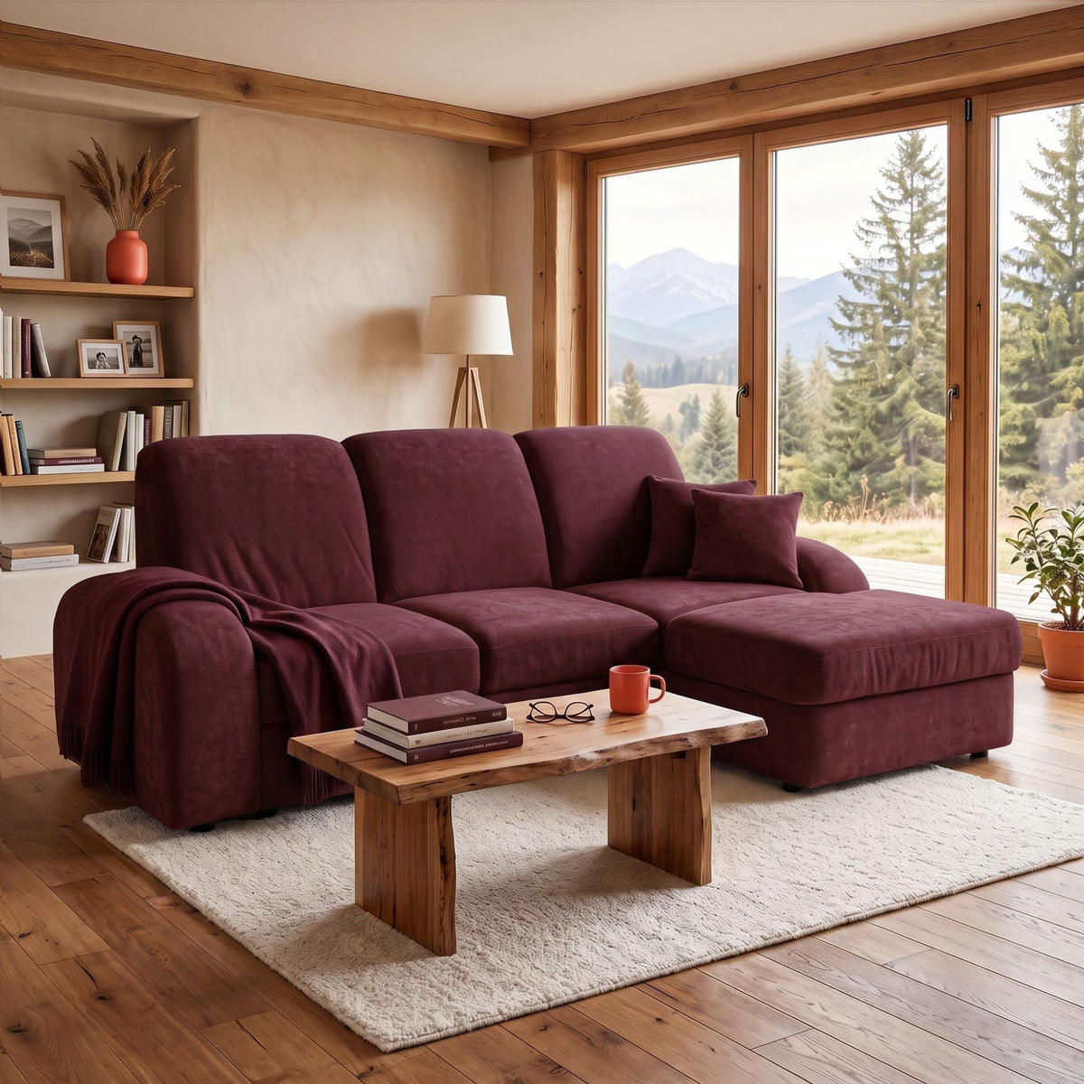 ECKSOFA VIBE S Rechts mit Schlaffunktion 130x202 Chenille Bordeaux - Bordeaux/Schwarz, Holz/Kunststoff (156/255cm) - Muffo