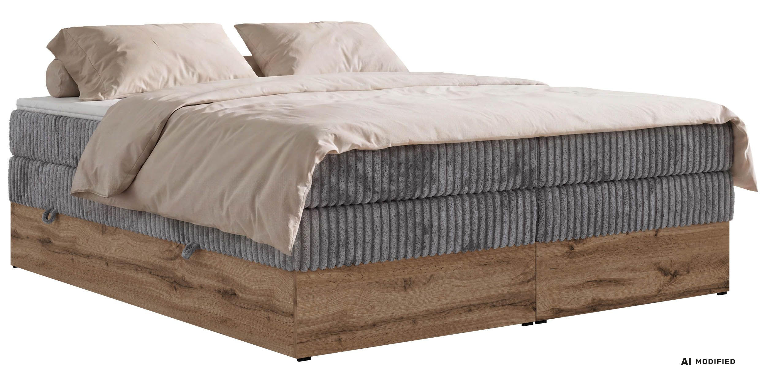 BOXSPRINGBETT WOOD ZERO KING 160/200 - Grau Cord - Topper T25 - H3 - Schwarz/Grau, Kunststoff/Textil (160/200cm) - MKS