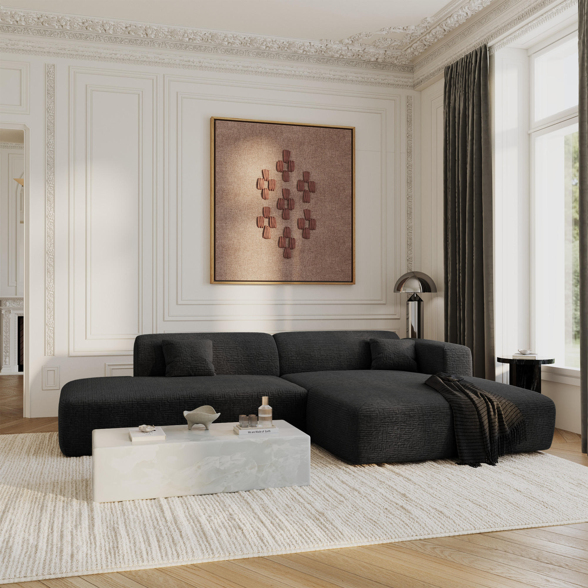ECKSOFA RECHTS Gemusterter Samt Dunkles Anthrazit 310cm - Anthrazit, Textil (300/96cm) - Sia Home