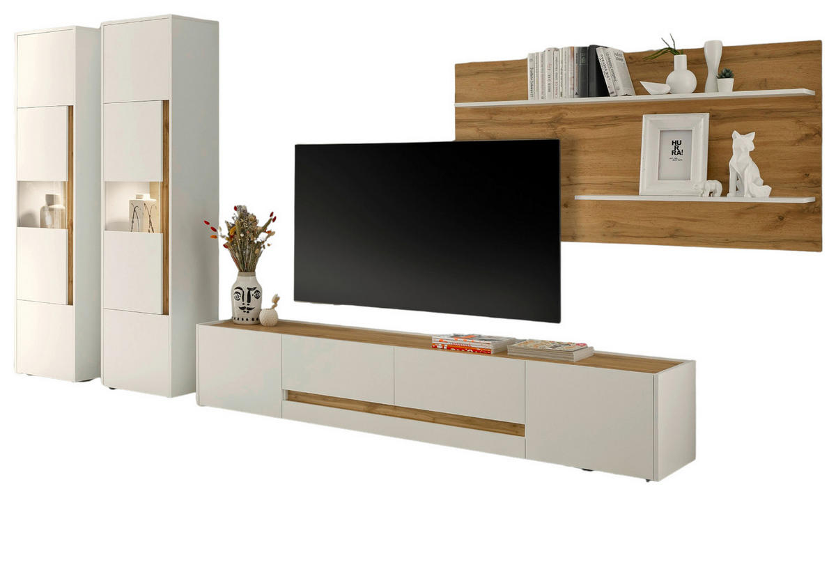 WOHNWAND weiß, Eiche Wotan 4-teilig 400 cm, Wohnkombination viel Stauraum - Schwarz/Weiß, Glas/Holz (400/197/45cm) - Furn.Design