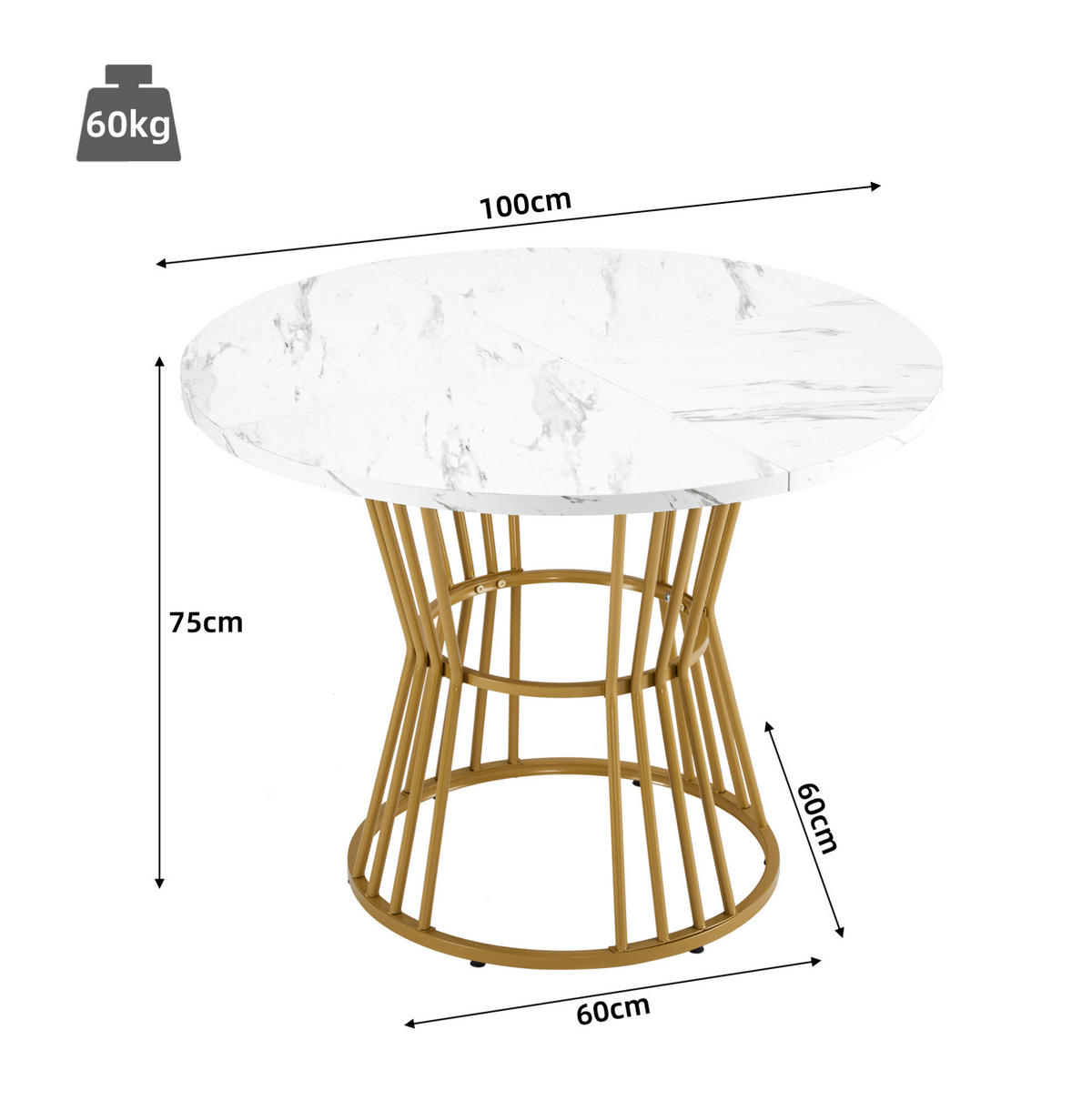 STÔL z MDF, priemer 100 cm, biely, okrúhly s mramorovým dekorom - biela, kompozitné drevo (100/100/75cm) - BEAOK