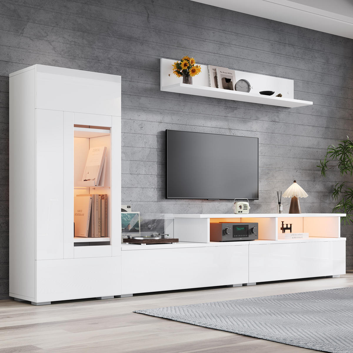 TV-WOHNWAND Weiß 3-teilig, LED-Beleuchtung, Hochglanz, 170/35/45 cm - Weiß, Holzwerkstoff (170/45/35cm) - PANGIVO