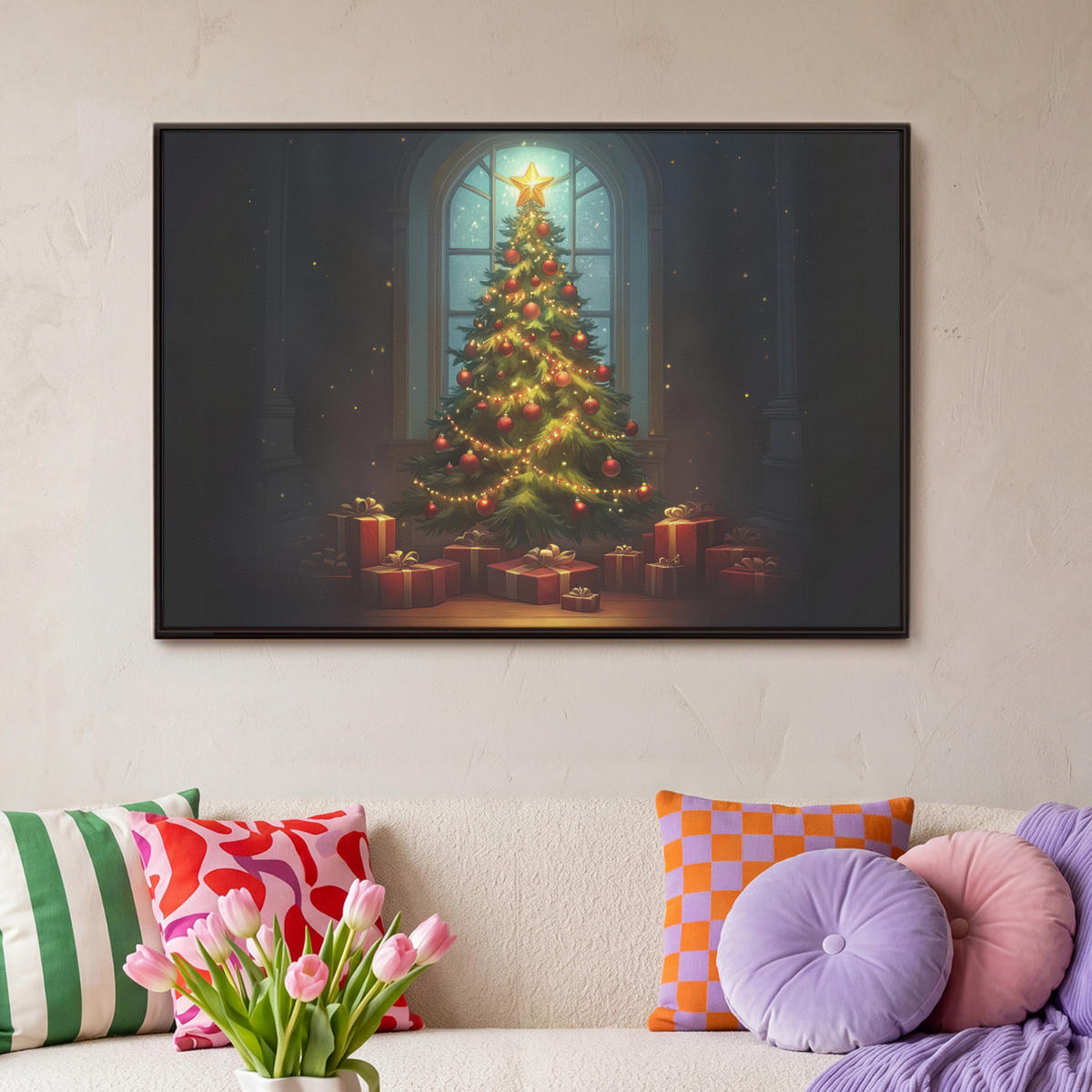 LEINWAND Bilder mit Rahmen - Weihnachtsbaum - Geschenk - Winter - 90x60 - Grün, Textil (90/60cm) - MuchoWow