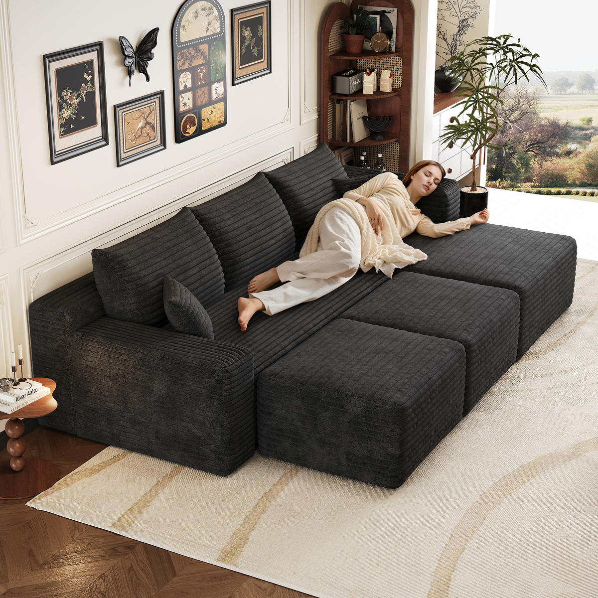 WOHNLANDSCHAFT Cord Schwarz ohne Montage - Schwarz, Textil (241/58/151cm) - WISHDOR