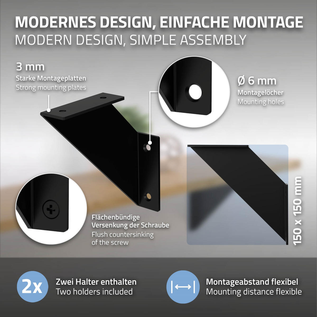 REGALHALTERUNG 2er Set - Schwarz, Metall (15/15/3cm) - ML-DESIGN