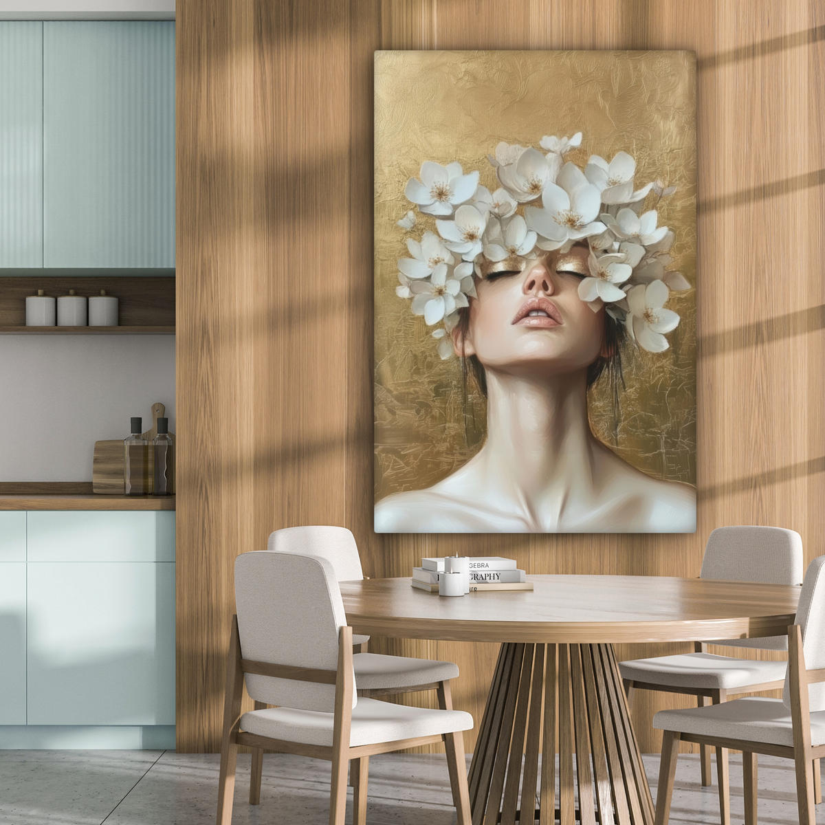 LEINWANDBILD Gesicht - Blumen - Gold - Abstrakt Deko Groß 90x140 cm - Goldfarben, Textil (90/140cm) - MuchoWow