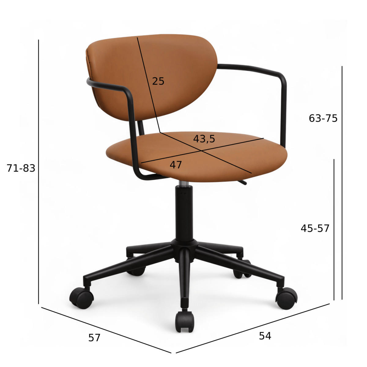 DREHSTUHL höhenverstellbar in Kunstleder Cognacbraun - Schwarz/Braun, Textil/Metall (54/71/57cm) - Furnhouse