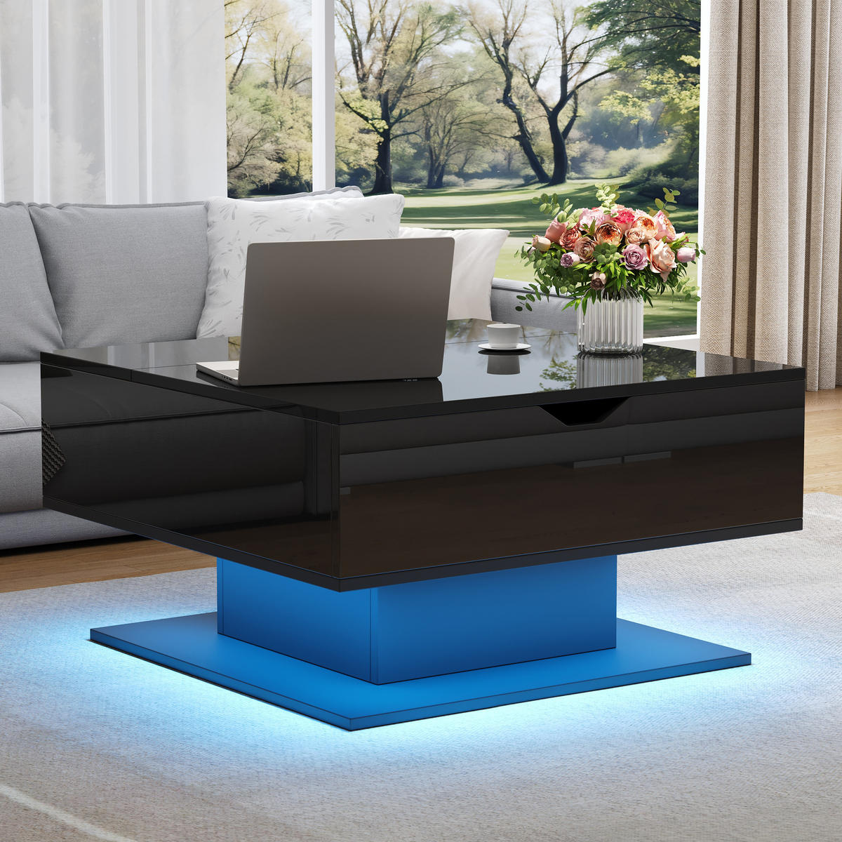 COUCHTISCH 80/77/40 cm höhenverstellbar in Schwarz mit Stauraum und LED-Beleuchtung - Schwarz, Holzwerkstoff (80/77/40cm) - OKWISH