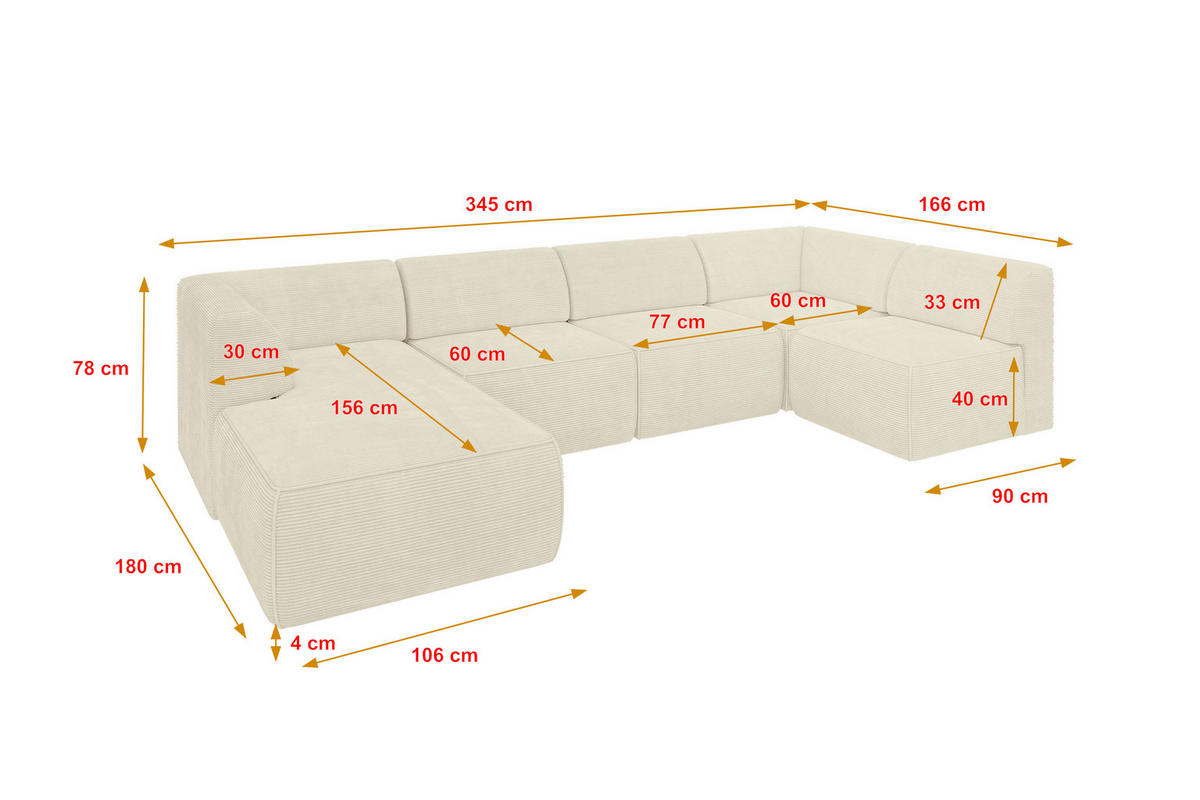 WOHNLANDSCHAFT Ottomane Links MOVO-L 345x180x78 cm Beige Cord - Beige, Holzwerkstoff/Kunststoff (345/78/180cm) - ALTDECOR