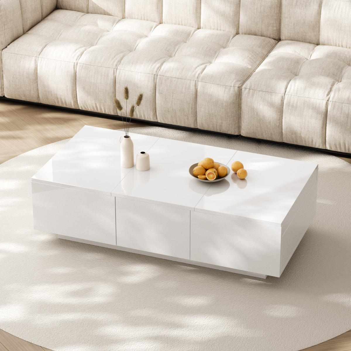 COUCHTISCH Weiß Hochglanz mit 2 Schubladen und Auszug - Weiß, Metall (100/50/31cm)