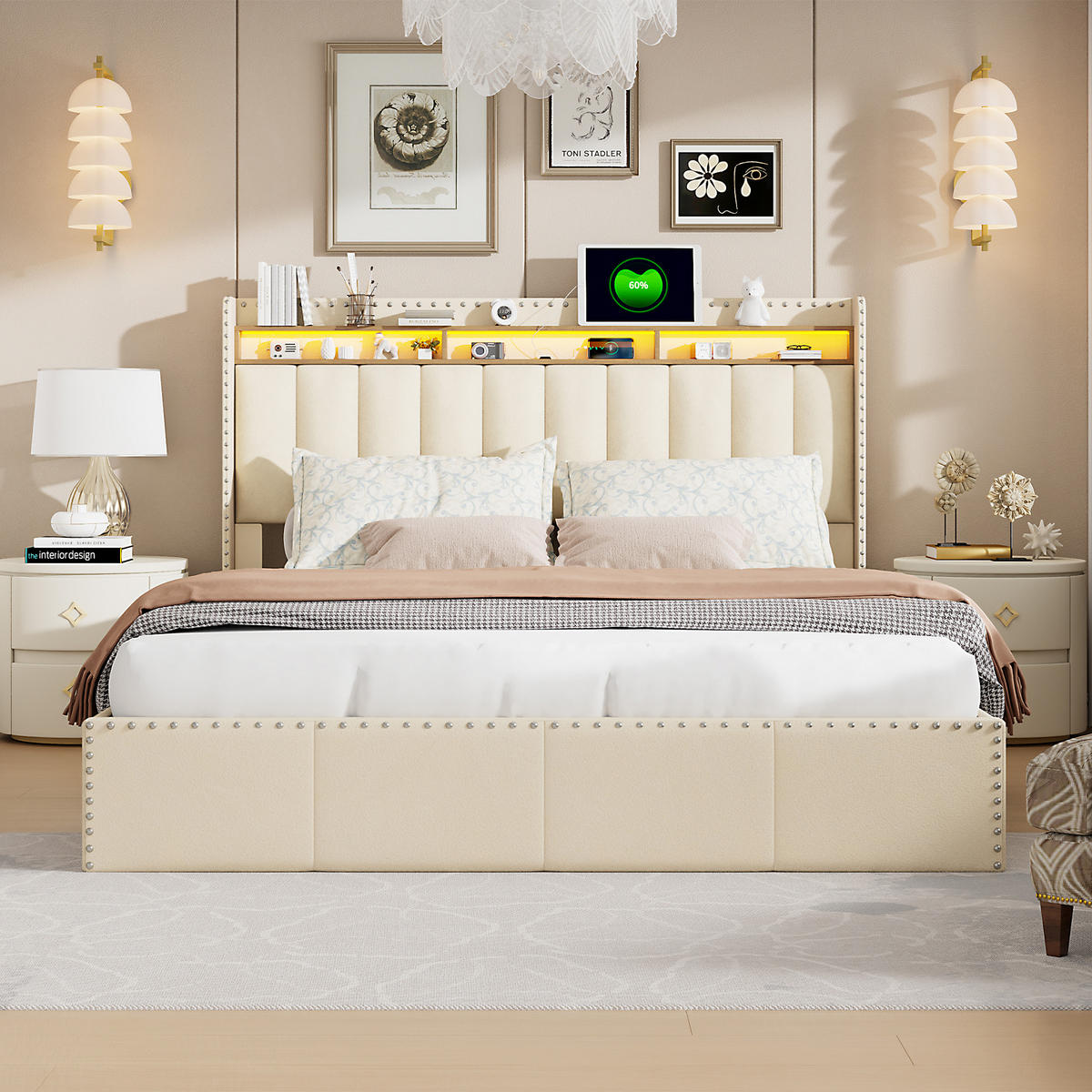 POLSTERBETT 140x200 cm, Beige, Boxspringbett mit Stauraum, 2 USB, LED - Beige, Textil/Metall (140/200cm)