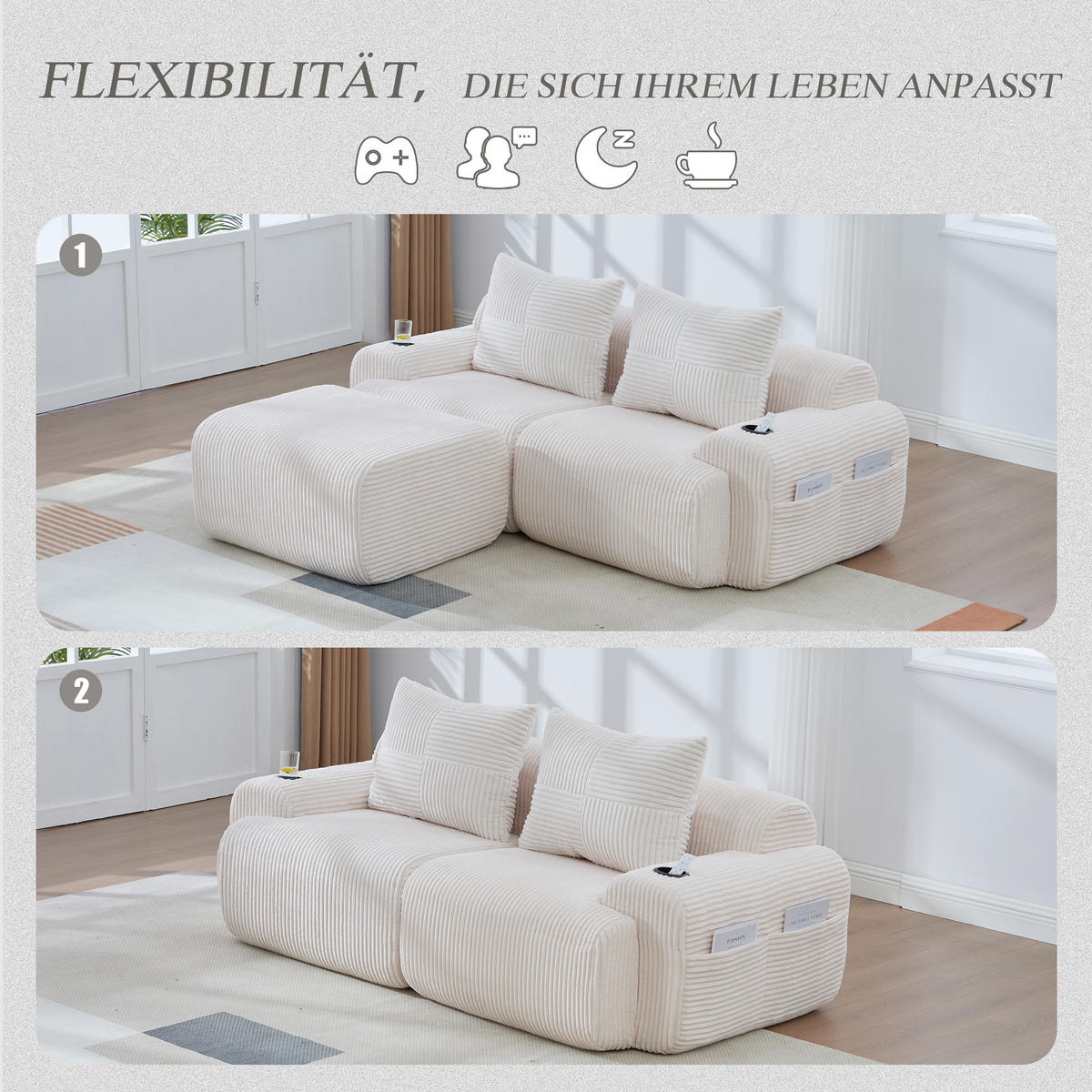 MODULARES 2-Sitzer Sofa Cord mit Getränkehalter und Seitentasche 200/174/80 cm Beige - Beige, Textil (174/200cm) - Redom