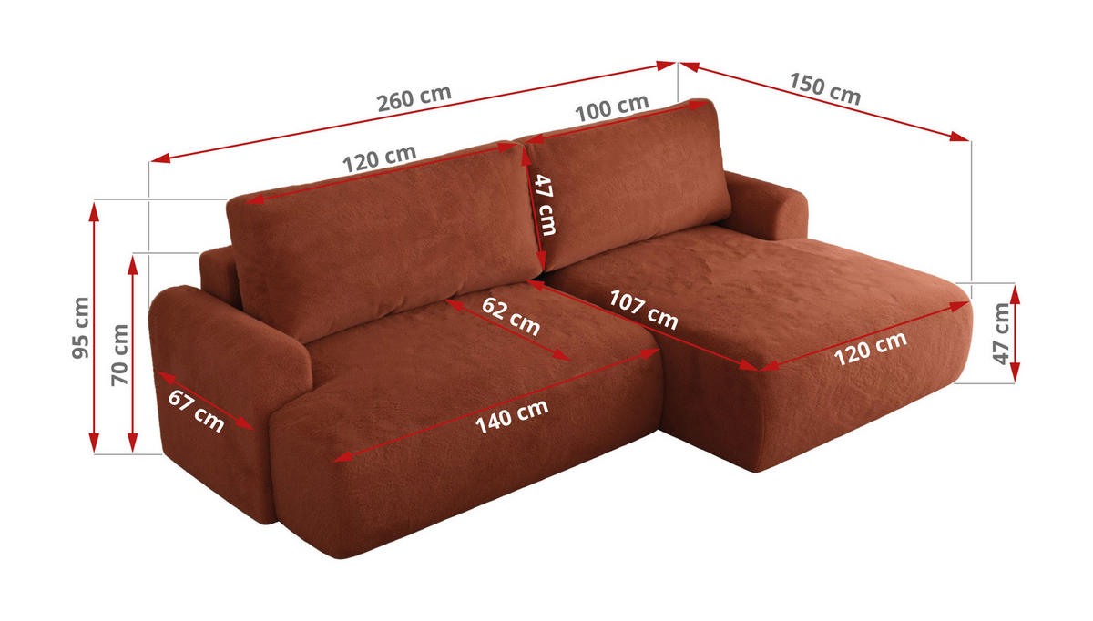 ECKSCHLAFSOFA TONO L Orange Plüsch - links - Schwarz/Orange, Kunststoff/Textil (260/150cm) - MKS