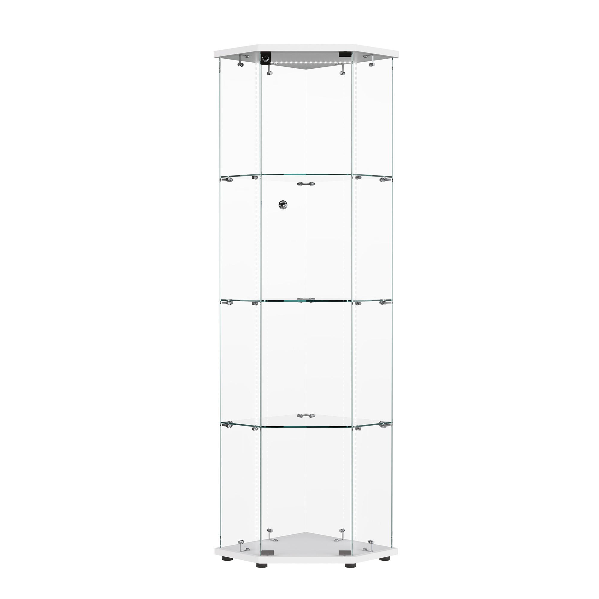 VITRINE mit RGB LED Beleuchtung - Eckvitrine mit 4 Ebenen und 1 Glastür - Glaskvitrine mit Schloss - Weiß - Weiß, Glas (60/162/42.5cm) - DELFA