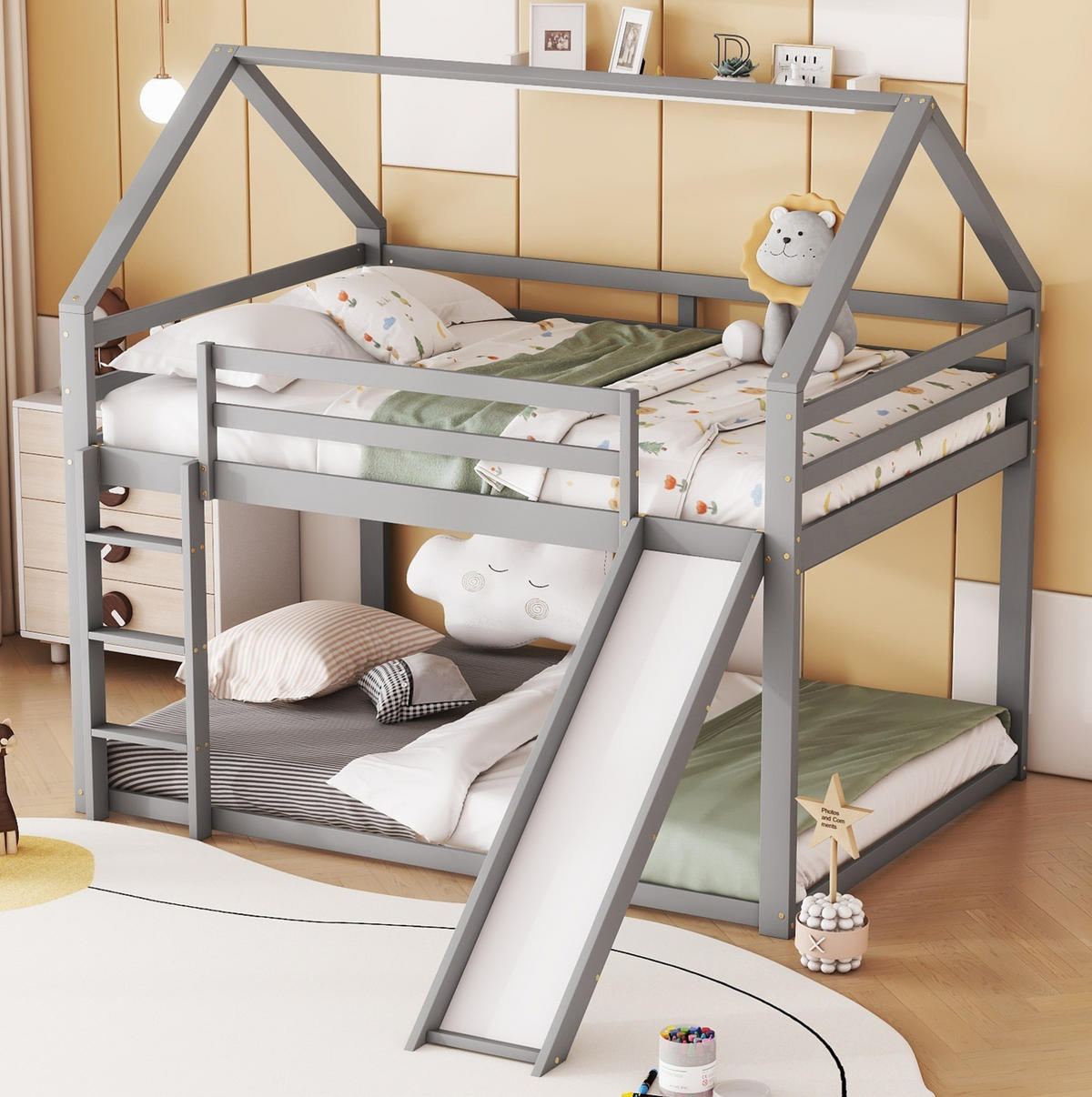 ETAGENBETT 140/200 cm Grau mit Rutsche und Leiter für Kinderzimmer - Grau, Holz (140/200cm) - OKWISH
