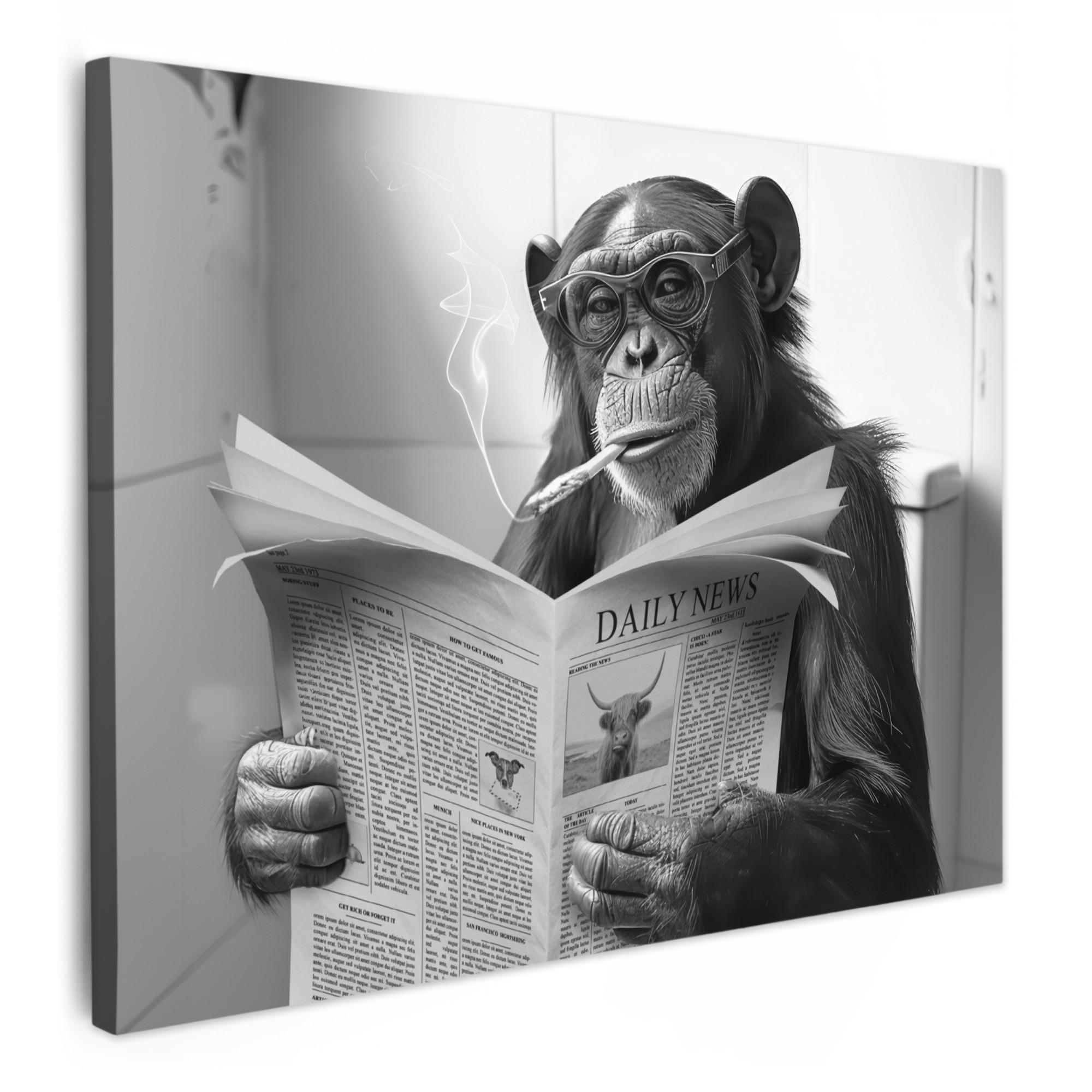MuchoWow OBRAZ NA PLÁTNĚ Opice - WC - Noviny - Černobílé - Humor 70x50 cm