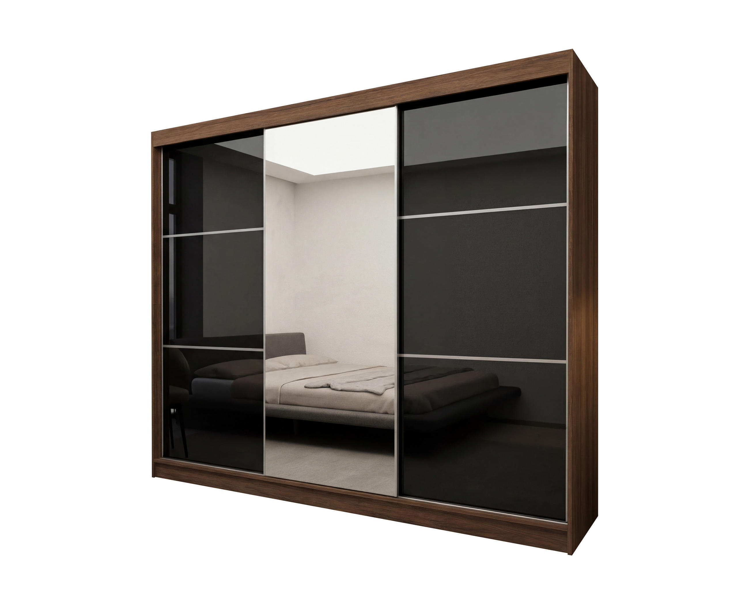 SCHWEBETÜRENSCHRANK Vena 240 cm mit Spiegel 3-türig, Nuss Warmia, lacobel schwarz - Dunkelbraun, Holz/Kunststoff (240/216/61cm) - Margaret Hadas24