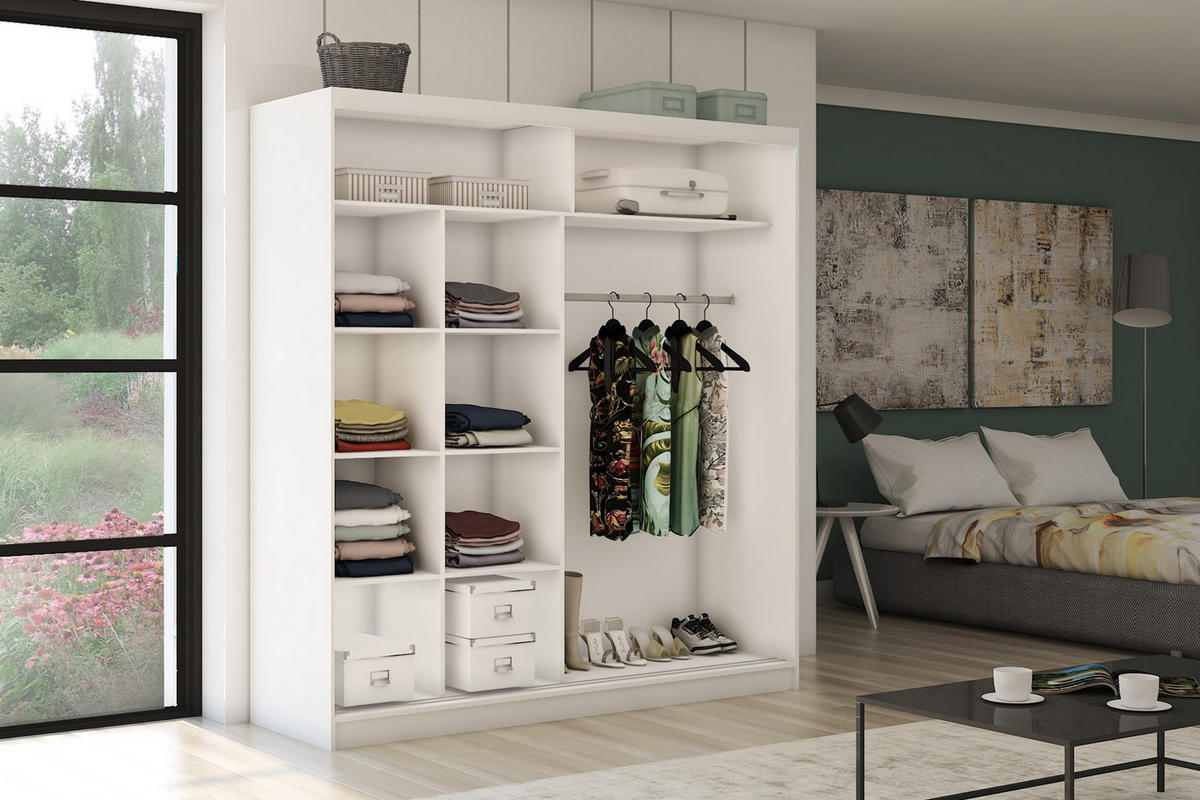 SCHWEBETÜRENSCHRANK Cabinio Weiß Eiche Artisan 200/216/61 cm – Modern, mit Lamellen - Walnussfarben/Weiß, Holzwerkstoff/Kunststoff (200/216.1/61cm) - AX Living