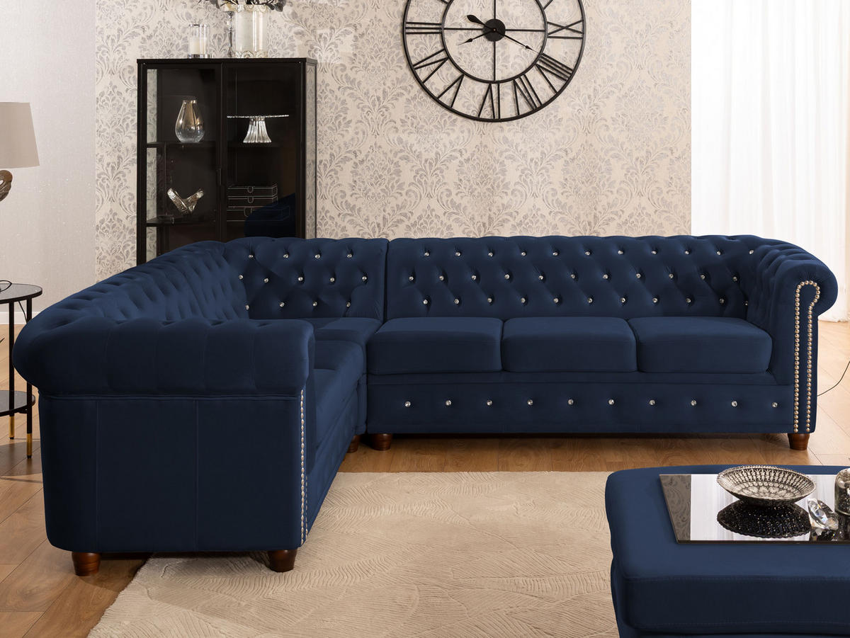 ECKSOFA Chesterfield Cleo Blink Marineblau Samt mit Kristallsteppung und braunen Massivholzfüßen - Ottomane Links - Blau/Braun, Holz/Textil (264/210cm) - S-Style Möbel