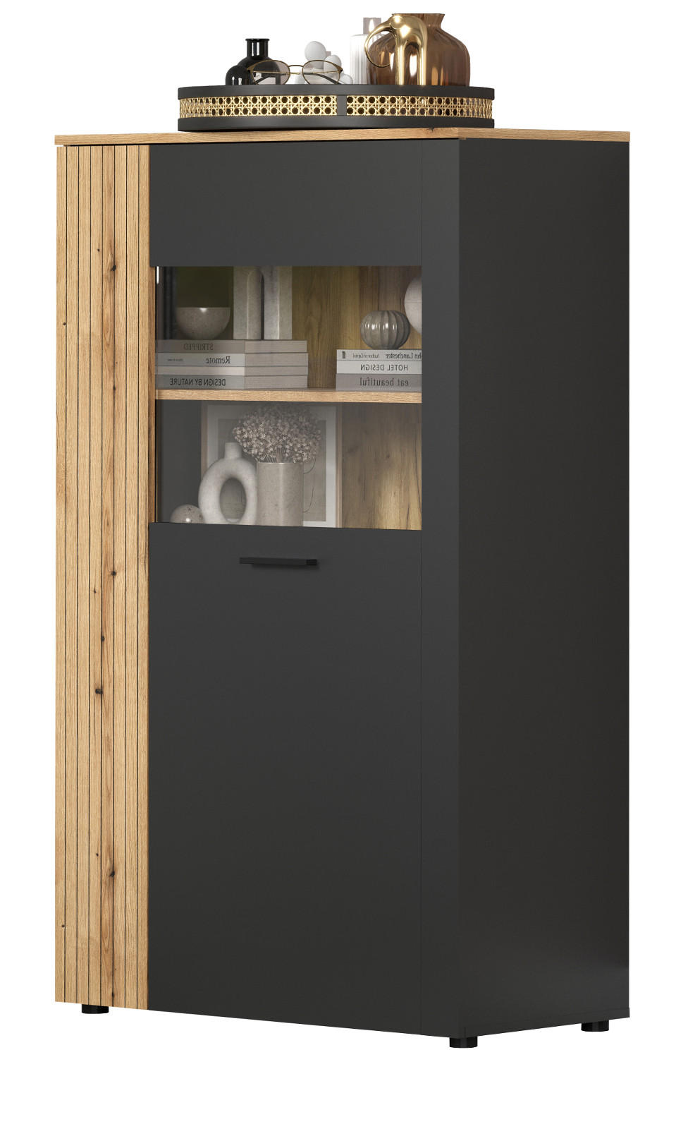 HIGHBOARD grau, Evoke Eiche 90 x 146 cm, Vitrine 2-türig - Eichefarben/Anthrazit, Holzwerkstoff/Kunststoff (90/146/42cm) - Top.Furn
