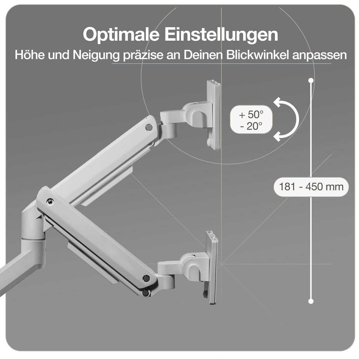 MONITORARM Doppel-Monitorarm in weißaluminium mit Gasfeder für 2 Monitore 17–35 Zoll bis je 20kg / Weißaluminium - Silberfarben, Metall (25/50/13cm) - ASSMANN