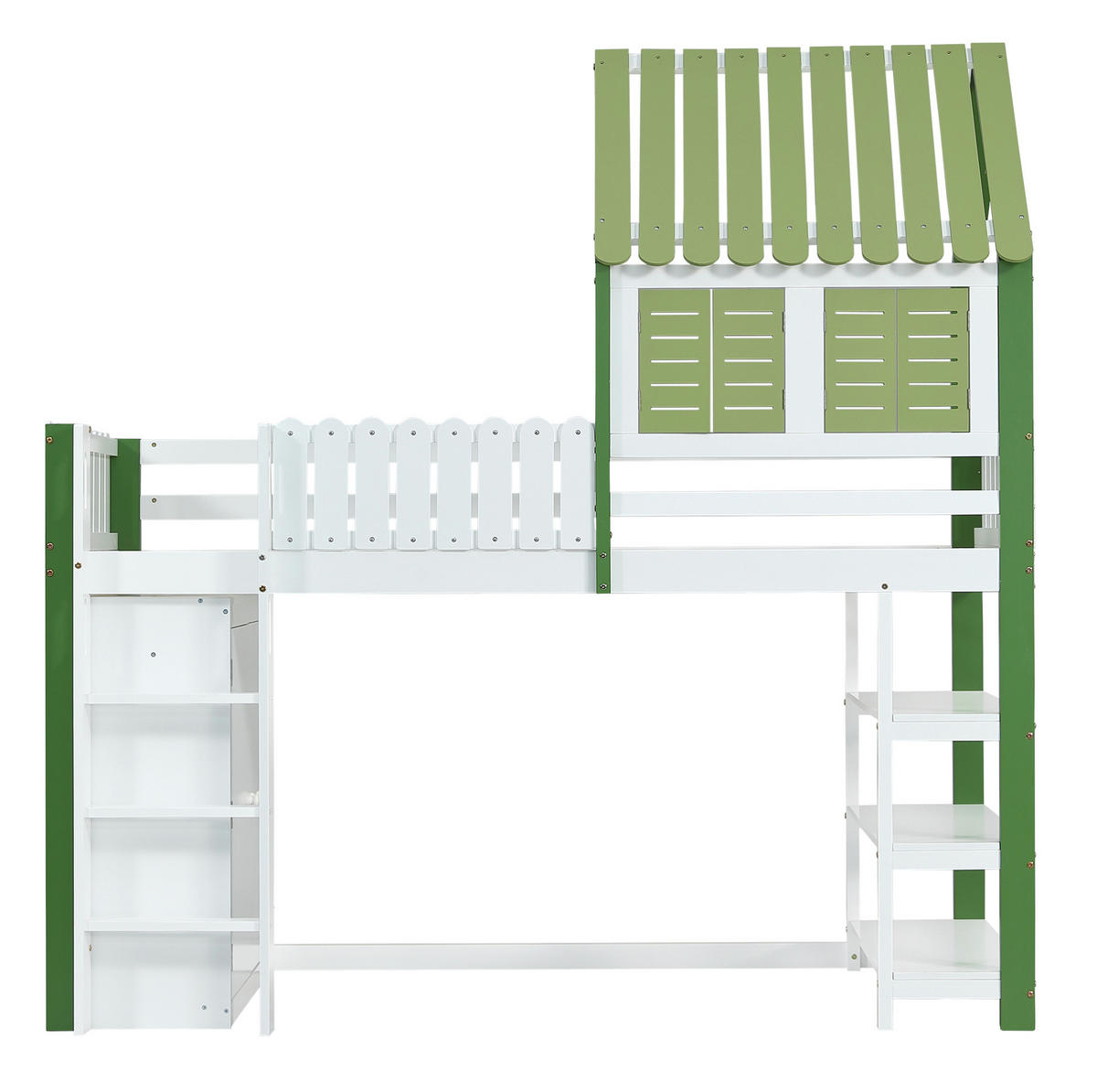HOCHBETT 90/200 cm aus Kiefer/MDF mit Dach, Fenstern, Kleiderschrank und Regal, Weiß/Grün - Weiß, Holzwerkstoff (90/200cm) - Redom
