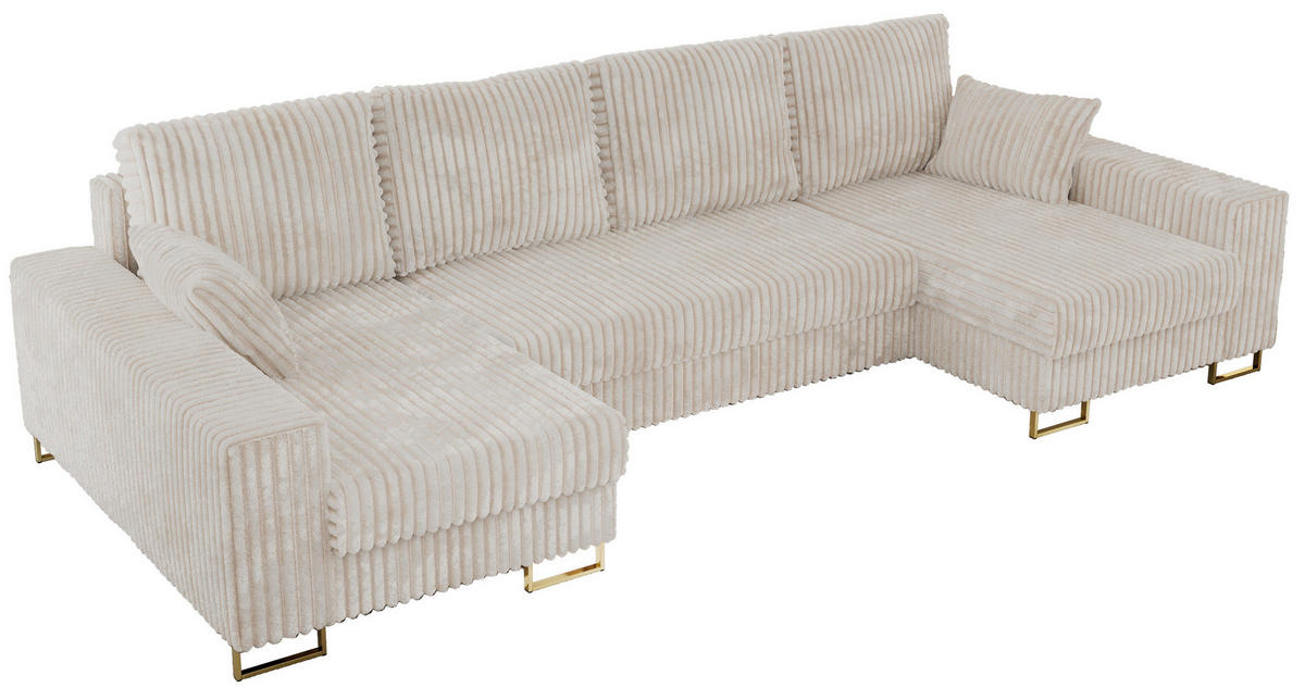 WOHNLANDSCHAFT DORIAN U Cord Beige - Beige/Goldfarben, Textil/Metall (312/95/138cm) - MKS