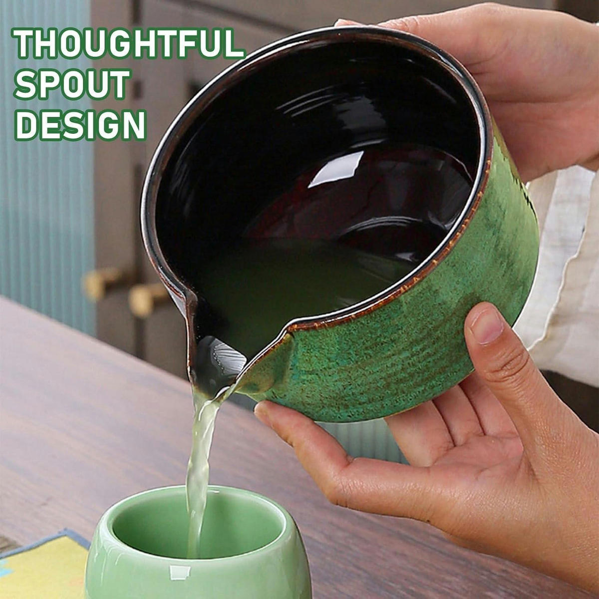 MATCHA Tee Set 9-teiliges Set mit Besen und Schale - Grün, Keramik (14/7/18.5cm)