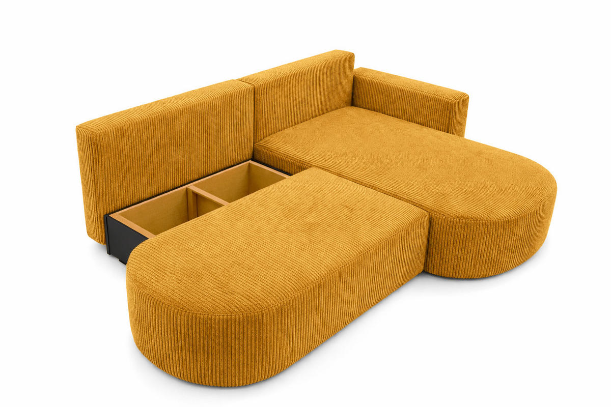 ECKSOFA Mit Schlaffunktion Und Bettkasten, Cordstoff Poso, Senffarbe, Rechts, ROUND ONE OPEN XL - Gelb, Holz (262/175cm) - Kaiser Möbel