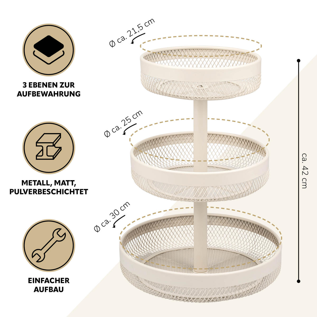 OBSTETAGERE rund, 3-stöckig, Ø 20 cm, 25 cm und 30 cm, beige, Metall - Beige, Metall (30/42cm) - eluno