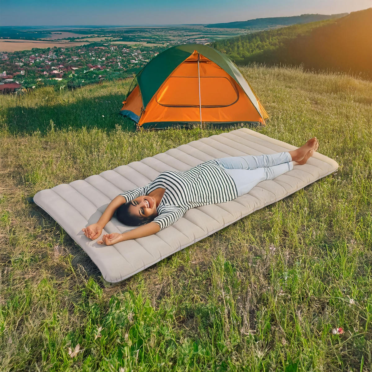 LUFTBETT Luftmatratze Camping 1 Person 183x97x12cm beige aufblasbar ohne Pumpe - Beige, Kunststoff (97/183cm) - Avenli