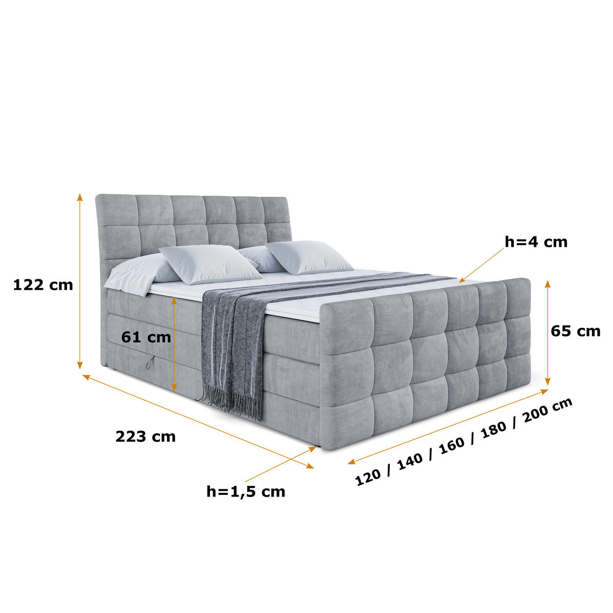 BOXSPRINGBETT BRUGO-Z KING - 120 x 200 - H3/H4 - Grau - Grau, Holzwerkstoff (120/200cm) - ALTDECOR