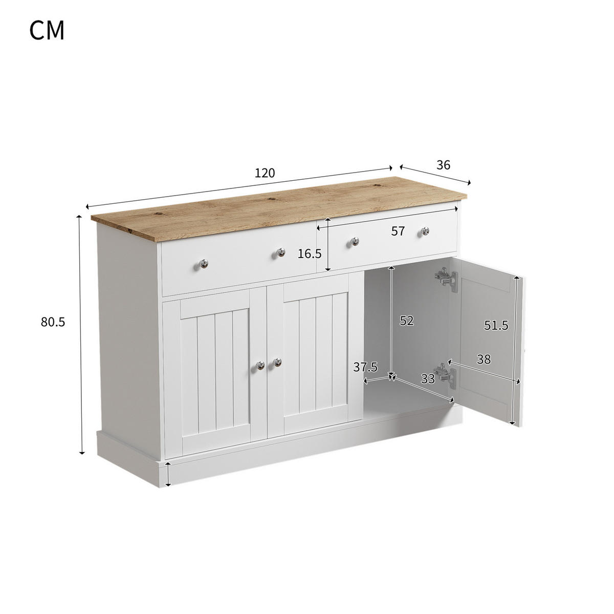 SIDEBOARD mit 3 Türen und 2 Schubladen, geprägte Front, 120/36/80,5 cm, Weiß und Holzoptik - Weiß, Holzwerkstoff (10/80.5/36cm) - Redom