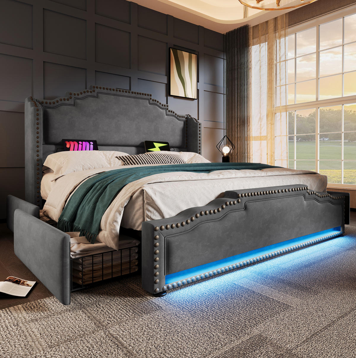 POLNJENA postelja iz velurja 160x200 cm siva z LED osvetlitvijo, USB-C priključkom in 4 predali - siva, tekstil (160/200cm) - Modfu