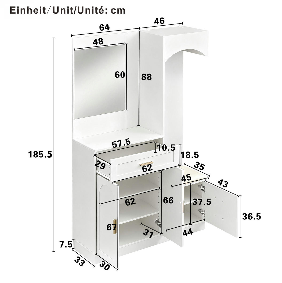 DIELENGARDEROBE mit Spiegel und Schuhablage 110/33/185,5 cm in Weiß - Weiß, Holzwerkstoff (110/185.5/33cm) - BEAOK