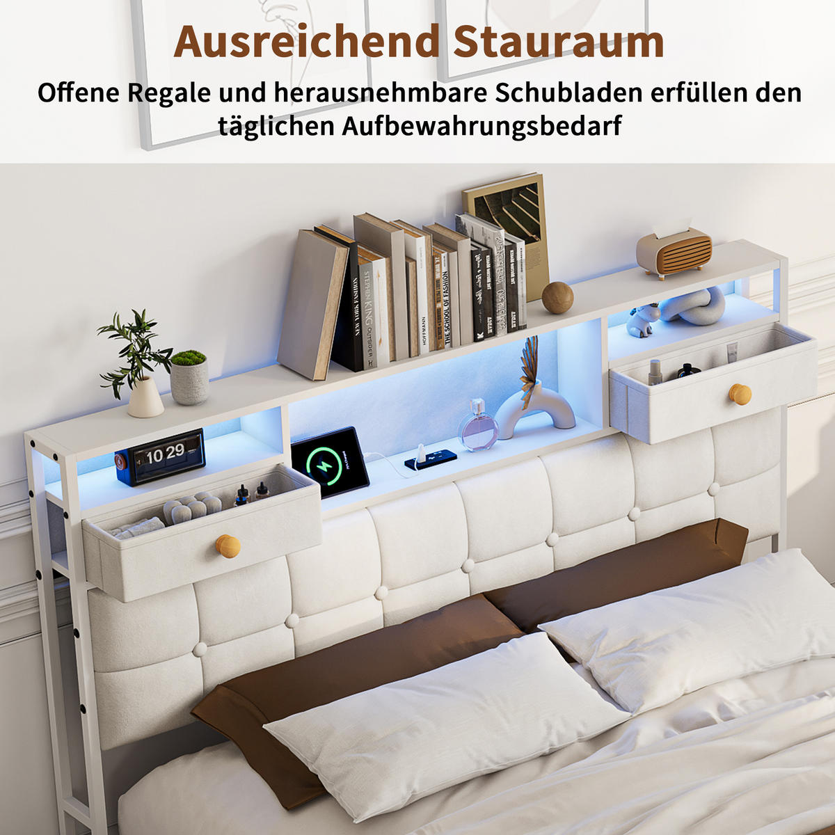 POLSTERBETT 140x200 cm mit 4 Schubladen, LED und USB-/Typ-C-Anschlüsse, Samt in Beige - Beige, Holz (140/200cm) - BRILVERDE