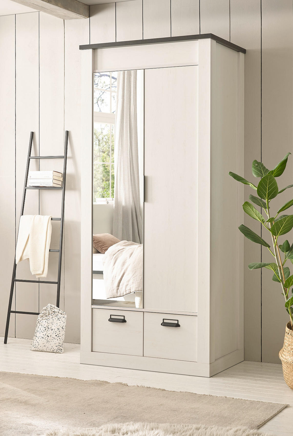 KLEIDERSCHRANK weiß Pinie, anthrazit Landhaus, Drehtürenschrank 2-türig mit Spiegel 93 x 209 cm - Anthrazit/Weiß, Holzwerkstoff/Metall (93/209/63cm) - Furn.Design
