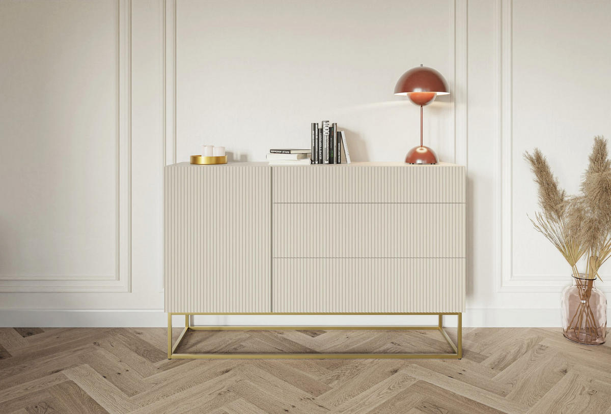 SIDEBOARD Veldio Greige mit 3 Schubladen 140 cm - Taupe/Goldfarben, Holzwerkstoff/Metall (140/90/38cm) - Selsey