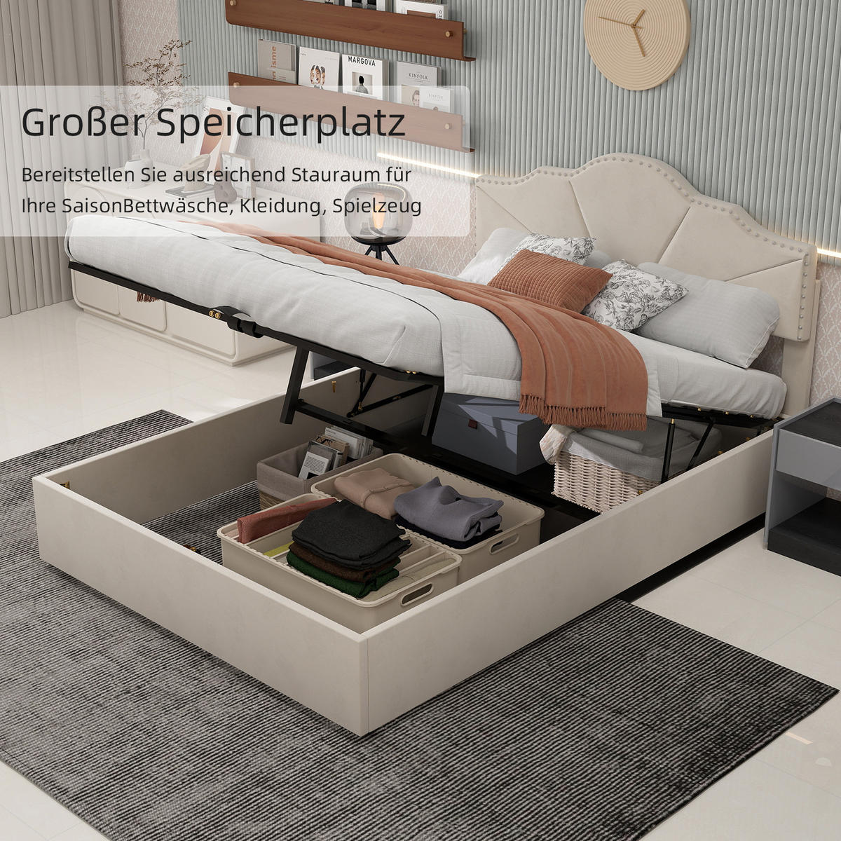 POLSTERBETT 160/200 cm in Beige Stoff mit Gepolstertem Kopfteil - Beige, Holzwerkstoff/Textil (160/200cm) - WISHDOR