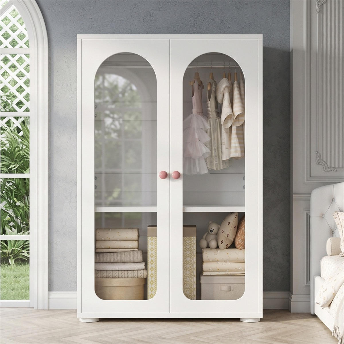 KLEIDERSCHRANK 80x50x120 cm mit 2 Acryl-Transparenttüren und Kleiderstange - Keramikgriffen - Weiß - Weiß, Holzwerkstoff (50/120/80cm) - DELFA